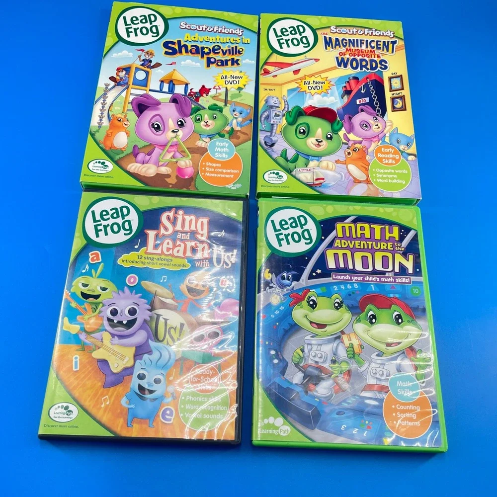 Leap Frog 4 DVD Lot Educational Math Phonics Shapes Home School Preschool Cases